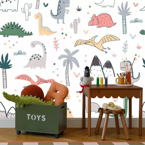 Sticker Cartoon seamless pattern with dinosaurs and palm trees