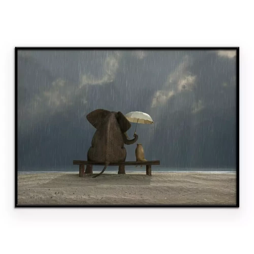Poster Ein Hund und ein Elefant unter einem Regenschirm