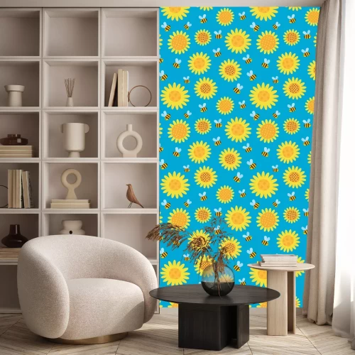 Tapete Vector pattern with flying cartoon bees isolated on blue background