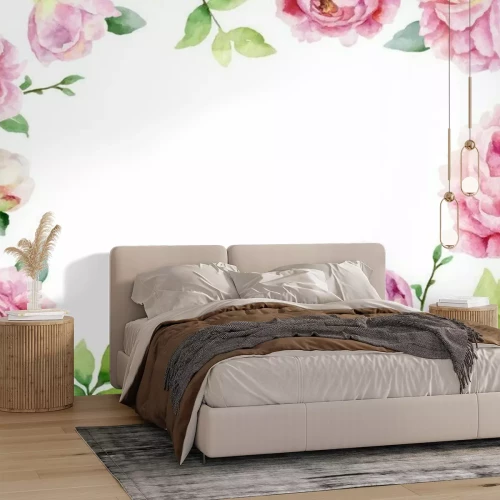 Sticker Watercolor vector hand painting card of peony flowers and green leaves.