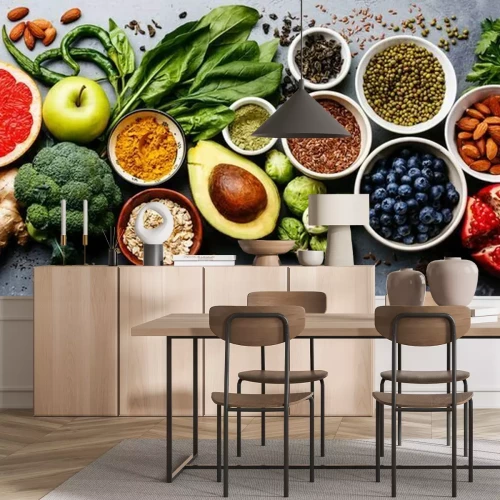 Fototapete Gewürze Obst und Gemüse auf einer Arbeitsplatte