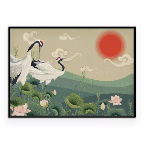 Poster Kraniche in einer Illustration im Japandi-Stil