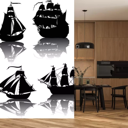 Sticker vier Schiffe mit Reflexionen isoliert auf weiß