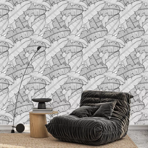 Tapete Vector tropical seamless pattern with banana leaves. Exotic plants in black and white.