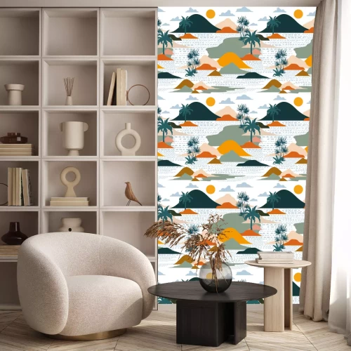 Tapete Helle und bunte Silhouette der Insel, der Palme, des Strandes, des Berges auf dem nahtlosen Mustervektorentwurf des modernen Papierschnittstils für Mode, Stoff und alle Drucke