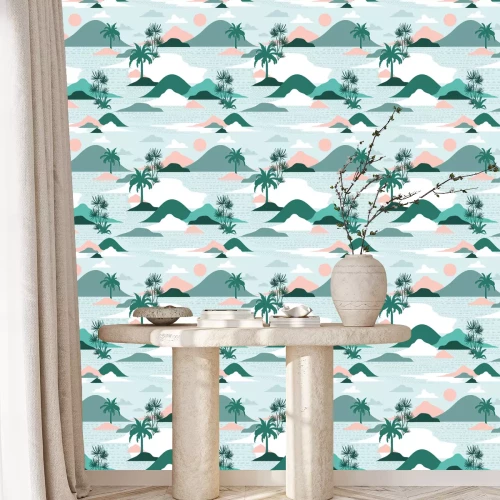 Tapete Pastell und süße Silhouette der Palme, des Strandes, des Berges auf dem nahtlosen Mustervektorentwurf des modernen Papierschnittstils für Mode, Stoff und alle Drucke