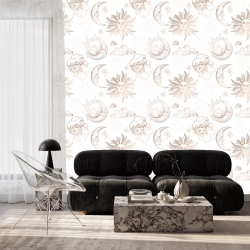 Tapete Sun and Moon Vintage Seamless Pattern. Oriental Style Background with Stars and Celestial Astrological Symbols for Fabric, Wallpaper, Decoration. Vector illustration