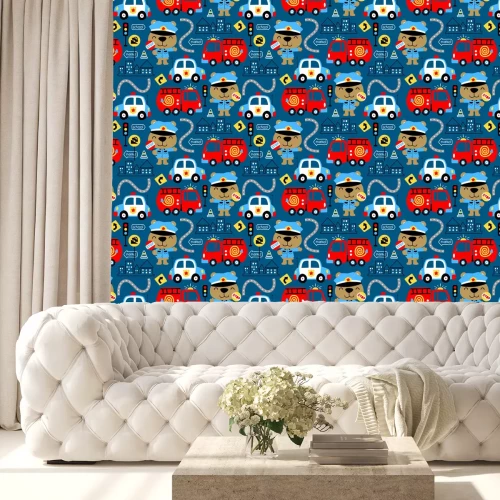 Tapete nahtloser Mustervektor des Fahrzeugkarikatur mit lustigem Cop