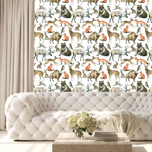 Tapete Aquarell realistische Waldtierskizze. Nahtmuster über Rotfuchs, Hase, Braunbär, Hirsch, Elch, Eule, Bison, Hirsch