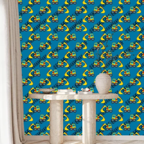 Tapete Cute kids car, tractor pattern for girls and boys. Colorful car, auto, tractor on the abstract bright background create a fun cartoon drawing. Urban pattern for textile and fabric, kids. Neon color