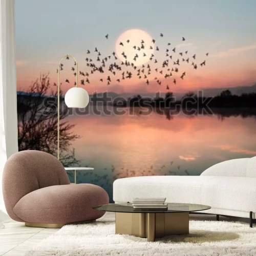 Fototapete Pastelllandschaft mit Vögeln