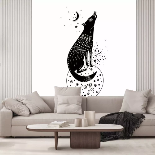 Sticker Vector childish hand-drawn illustration. Wolf sitting on a planet in space and howling at the moon. Black and white