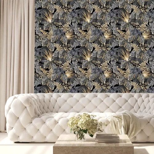 Tapete Seamless background dark leaves of tropical exotic plants. Pattern jungle with palm trees and lianas. Vector 3d illustration.