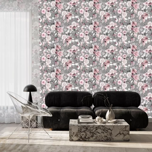 Tapete Blumen auf grauem Hintergrund