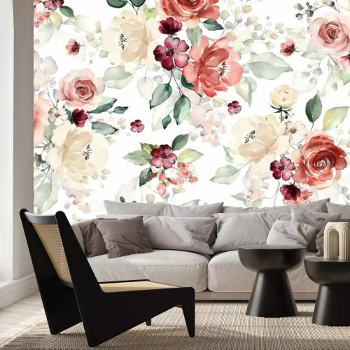 Fototapete Seamless pattern with flowers and leaves. Hand drawn background.  floral pattern for wallpaper or fabric. Flower rose. Botanic Tile.