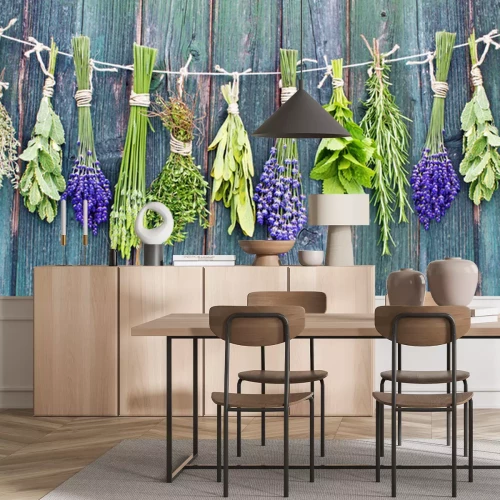 Fototapete Kräuter auf einem hölzernen Hintergrund