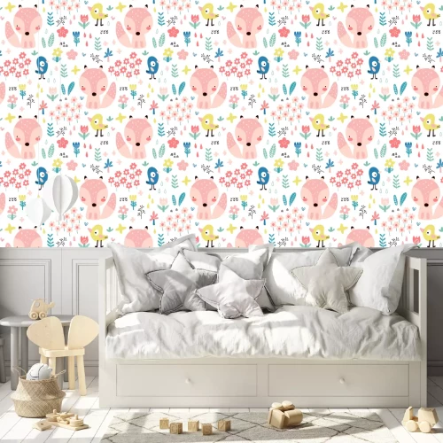 Tapete Skandinavische Pflanzen und Tiere auf weißem Hintergrund