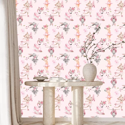 Tapete Katzen Kaninchen und Flamingos