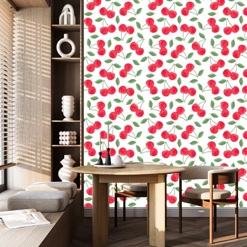 Tapete Rote Kirschen und grüne Blätter