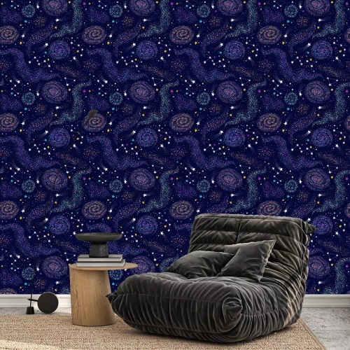 Tapete Galaxy seamless deep violet pattern with colorful nebula, constellations and stars