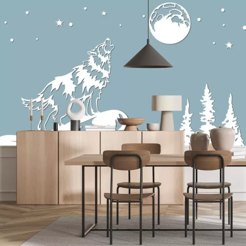 Sticker Silhouette eines Wolfs auf dem Steilhang und Mond