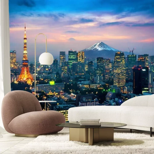 Fototapete Aerial view of Tokyo cityscape with Fuji mountain in Japan.