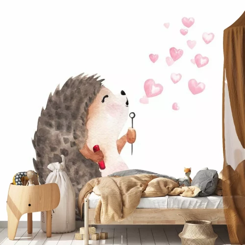 Sticker Hand drawn watercolor hedgehog blowing heart shaped bubbles