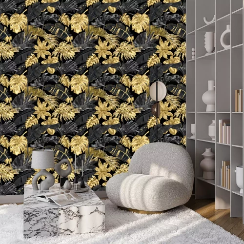 Tapete Vector pattern with gold black tropical leaves
