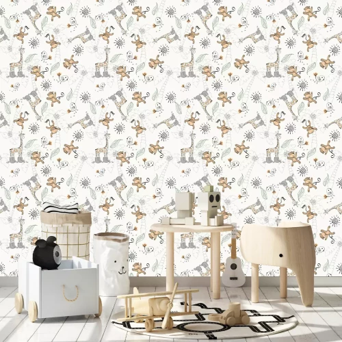 Tapete Schönes Muster mit Affen und Giraffen