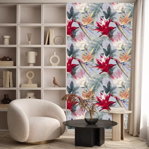 Tapete Rote tropische Blumen und Pflanzen