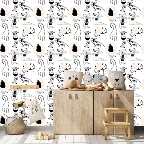 Tapete Gezeichnete Tiere auf weißem Hintergrund