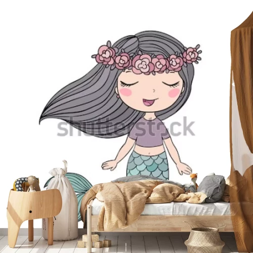 Sticker Schöne kleine Meerjungfrau der Karikatur in einem Kranz. Sirene. Seethema. Vektor-Illustration auf weißem Hintergrund.