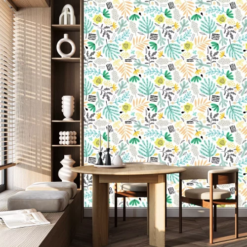 Tapete Nahtloses Muster mit dekorativen Pflanzen und Blumen im Gekritzelstil. Perfekt für Kinder Stoff, Textil, Kinderzimmer Tapete. Skandinavischer Stil