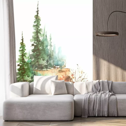 Sticker Watercolor trees, forest, pine, green spruce, landscape. Summer forest landscape, bushes, wild grass, slope. Illustration made for a different design. Isolated on white background. Abstract paint