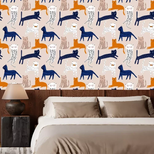 Tapete Seamless pattern with cute colorful cats. Creative childish texture. Great for fabric, textile Vector Illustration