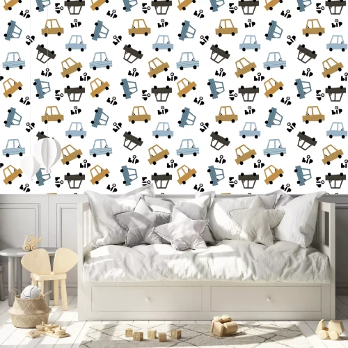 Tapete Seamless childish pattern with hand cartoon drawn cars. Creative kids texture for fabric, wrapping, textile, wallpaper, apparel. Vector illustration