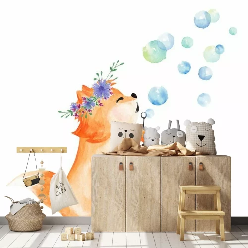 Sticker Hand drawn watercolor fox blowing bubbles