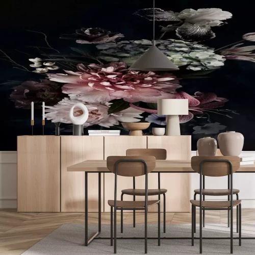 Fototapete Peonies, hydrangea, lily, iris and tulips in bloom. Vintage bouquet of beautiful garden flowers on black. Floristic decoration. Floral background. Baroque style.