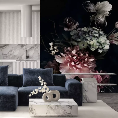 Fototapete Peonies, hydrangea, lily, iris and tulips in bloom. Vintage bouquet of beautiful garden flowers on black. Floristic decoration. Floral background. Baroque style.