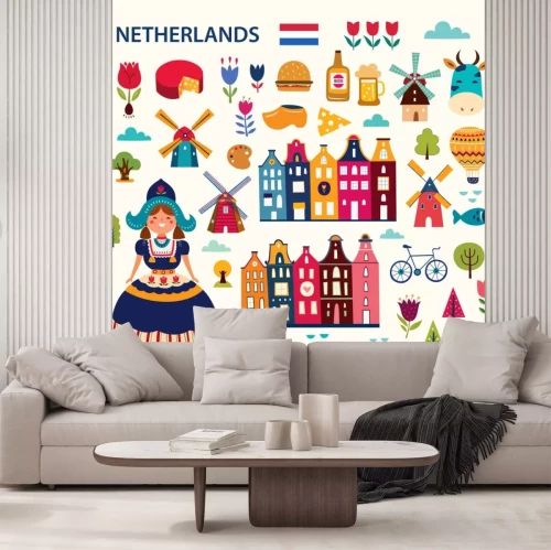 Sticker Vector illustration in cartoon style with symbols of Netherlands
