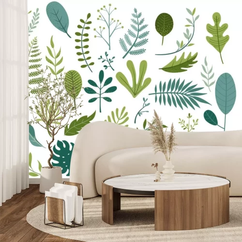 Sticker Set of different tropical and other isolated green leaves. Palm, banana leaf, hibiscus, plumeria, split leaf, philodendron. Jungle collection for your design.Vector illustration.