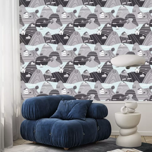 Tapete Hand gezeichnete Vektor abstrakte skandinavische Grafik Illustration nahtloses Muster mit Haus, Bäume und Berge. Nordisches Naturlandschaftskonzept. Perfekt für Kinder Stoff, Textil, Kinderzimmer Tape