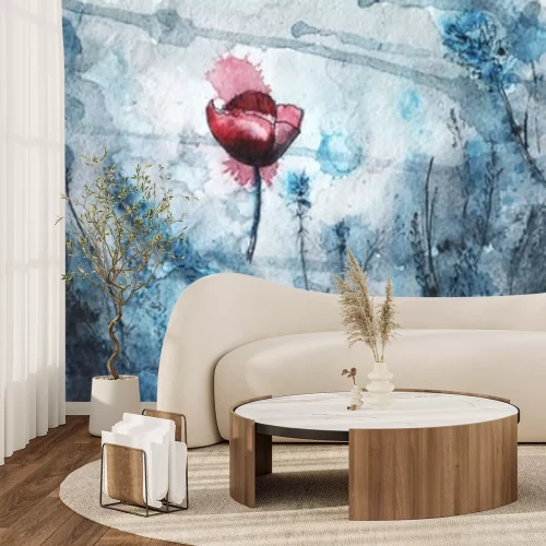 Fototapete Roter Mohn zwischen blauen Blumen