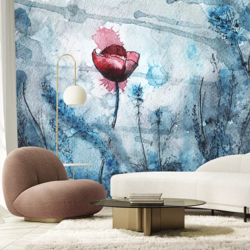 Fototapete Roter Mohn zwischen blauen Blumen