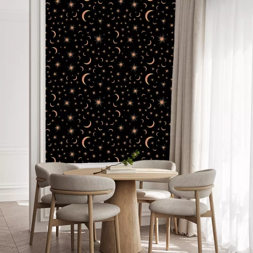 Tapete Seamless pattern with suns, moons and stars. Vector gold and black illustration. Print could be used for textile, zodiac star yoga mat, underwear