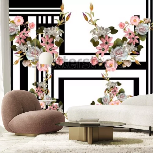 Fototapete Rhizome auf schwarz-weißer Geometrie