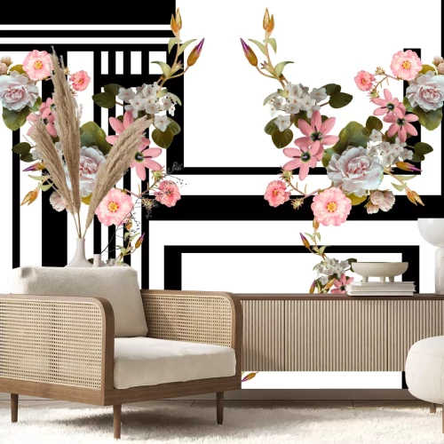 Fototapete Rhizome auf schwarz-weißer Geometrie