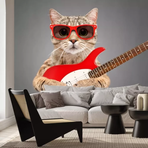 Sticker Katze mit Brille, die eine E-Gitarre hält