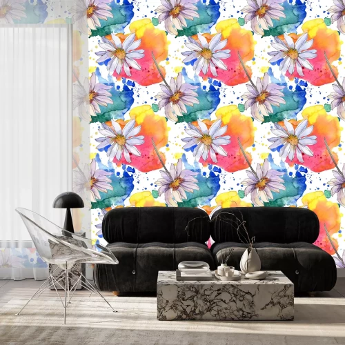 Tapete Gänseblümchen und Farbflecken