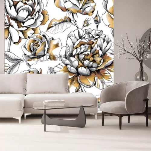 Sticker Nahtloses Muster mit Bildgoldpfingstrose und -rose auf einem weißen Hintergrund. Vektor-Illustration